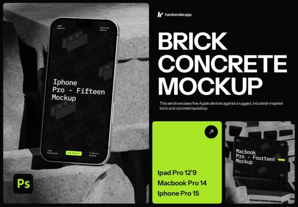 5款混凝土砂砖背景UI界面作品设计苹果iPhone手机iPad平板MacBook电脑贴图PSD样机模板 Brick Industrial Device Mockup特色图 5款混凝土砂砖背景UI界面作品设计苹果iPhone手机iPad平板MacBook电脑贴图PSD样机模板 Brick Industrial Device Mockup