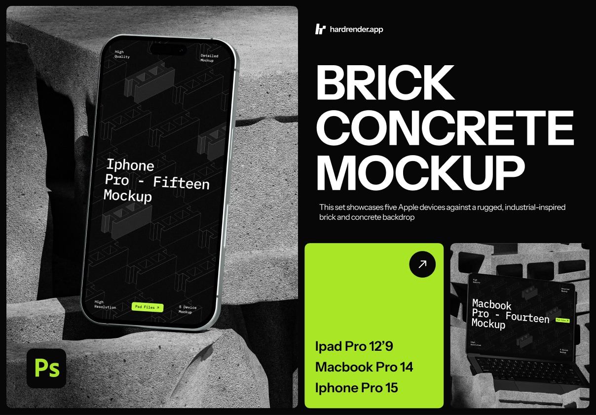 5款混凝土砂砖背景UI界面作品设计苹果iPhone手机iPad平板MacBook电脑贴图PSD样机模板 Brick Industrial Device Mockup插图 5款混凝土砂砖背景UI界面作品设计苹果iPhone手机iPad平板MacBook电脑贴图PSD样机模板 Brick Industrial Device Mockup插图