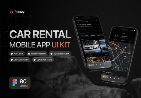 45屏黑暗汽车租赁出租车app移动应用程序ui界面设计figma模板套件 Car Rental Mobile App UI Kit – Ridezy特色图 45屏黑暗汽车租赁出租车app移动应用程序ui界面设计figma模板套件 Car Rental Mobile App UI Kit – Ridezy