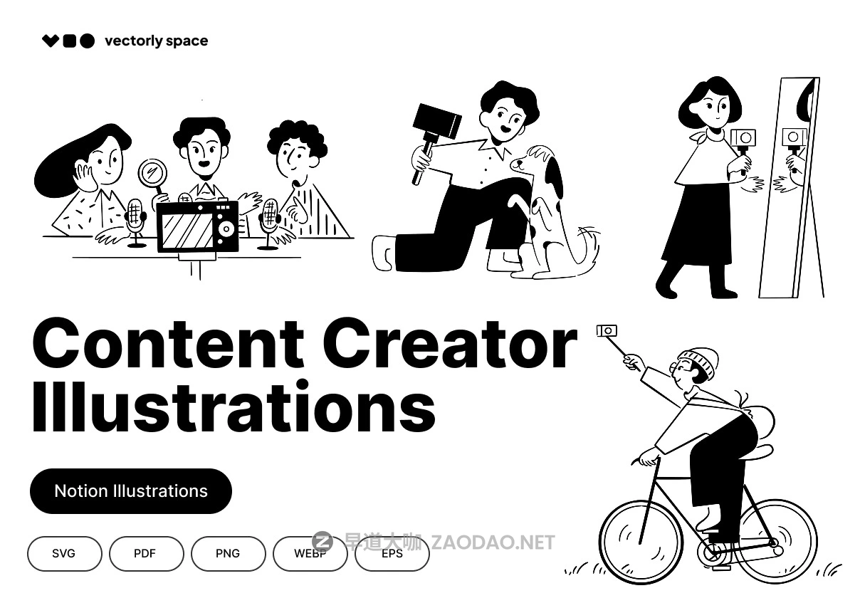 25幅风格化视频直播创作团队合作矢量插图插画eps/png格式设计素材 Content Creator Illustrations Notion Style插图 25幅风格化视频直播创作团队合作矢量插图插画eps/png格式设计素材 Content Creator Illustrations Notion Style插图