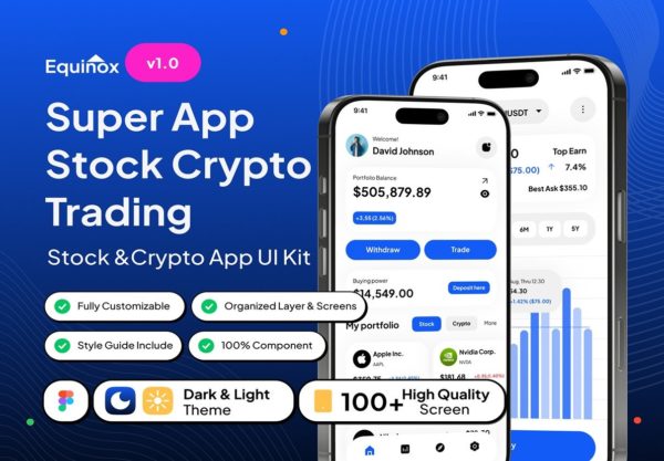 100+屏双配色超级股票基金理财加密货币交易app应用程序UI界面设计figma模板套件 Equinox – Super App Stock Crypto Trading App UI Kit