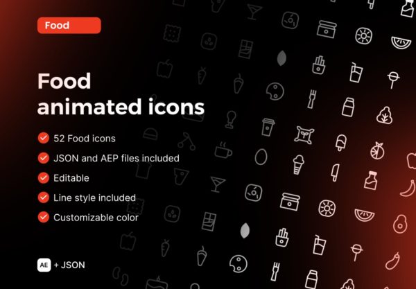 52款UI界面食物美食水果动态图标Icons设计Ae/Json格式素材 Food Animated icons