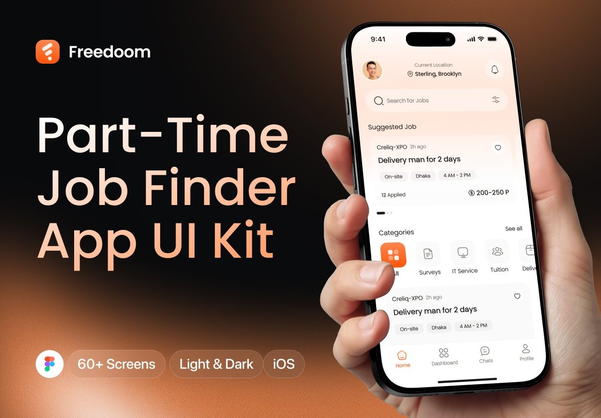 60+屏双配色兼职找工作招聘应聘app应用程序ui界面设计figma模板套件 Freedoom – Part Time Job Finder App UI Kit插图 60+屏双配色兼职找工作招聘应聘app应用程序ui界面设计figma模板套件 Freedoom – Part Time Job Finder App UI Kit插图