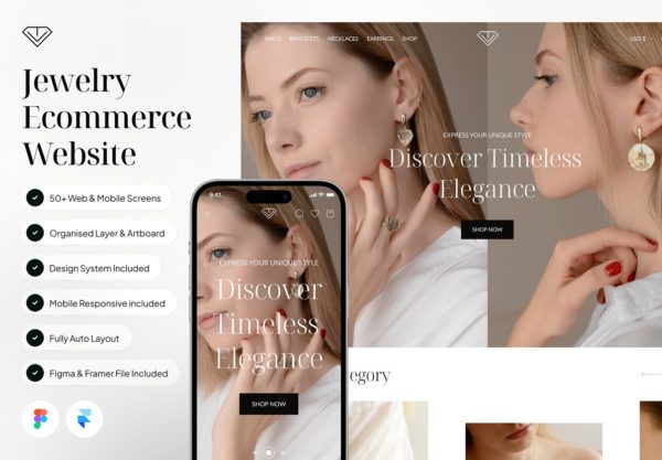 50+屏响应式珠宝钻石项链戒指网站UI界面设计figma/framer模板 Gemjewel – Jewelry Ecommerce Website Framer Template特色图 50+屏响应式珠宝钻石项链戒指网站UI界面设计figma/framer模板 Gemjewel – Jewelry Ecommerce Website Framer Template