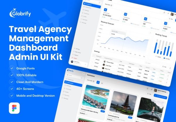 40+屏现代专业旅行社旅游公司数据看板后台仪表盘UI界面设计Figma模板 Globrify – Travel Agency Management Dashboard Admin UI Kit特色图 40+屏现代专业旅行社旅游公司数据看板后台仪表盘UI界面设计Figma模板 Globrify – Travel Agency Management Dashboard Admin UI Kit