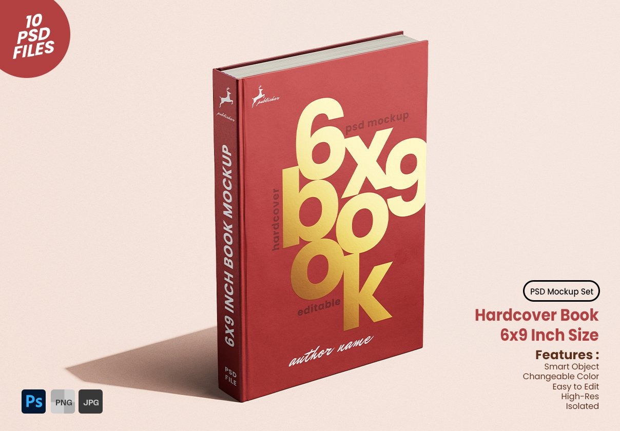 10款时尚精装硬皮书籍封面设计展示效果图PS贴图样机模板素材 Hardcover Book 6×9 Inch Mockup Set