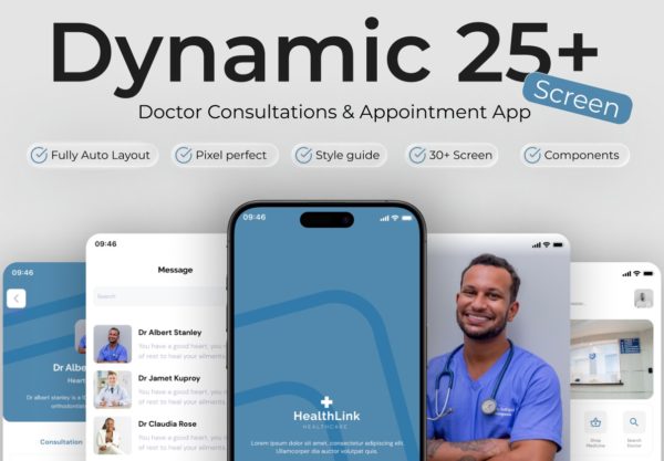 25+屏现代极简医院医生咨询预约挂号app ui界面设计figma模板素材 HealthLink – Doctor Consultations & Appointment App特色图 25+屏现代极简医院医生咨询预约挂号app ui界面设计figma模板素材 HealthLink – Doctor Consultations & Appointment App