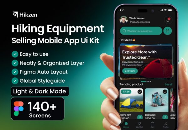140+屏双配色户外旅行徒步爬山登山探险装备商城app ui用户界面设计figma模板套件 Hikzen Hiking Equipment Shop App Ui Kit