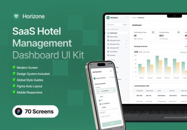 70屏酒店预订订房团购管理数据看板后台仪表盘UI界面设计Figma模板套件 Horizone – Hotel Booking Management Dashboard UI Kit