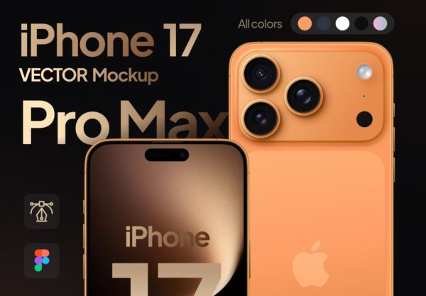 全新苹果iPhone 17 Pro手机Ui界面作品集展示贴图样机Figma模板设计素材 Iphone 17 Pro Max Mockup | Vector Figma