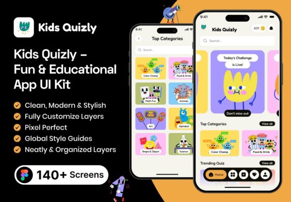 140+屏高级有趣婴儿儿童启蒙教育学习问答游戏app应用程序ui界面设计figma模板 Kids Quizly – Fun & Educational App UI Kit特色图 140+屏高级有趣婴儿儿童启蒙教育学习问答游戏app应用程序ui界面设计figma模板 Kids Quizly – Fun & Educational App UI Kit