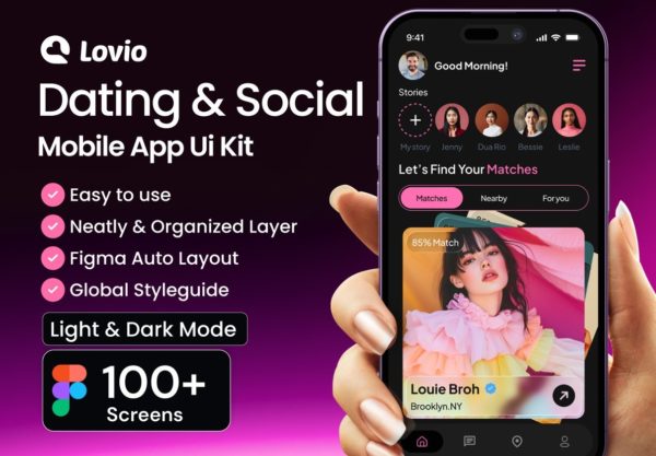 110+屏双配色约会交友聊天社交媒体app应用程序ui界面设计figma模板套件 Lovio Dating & Social Mobile UI Kit特色图 110+屏双配色约会交友聊天社交媒体app应用程序ui界面设计figma模板套件 Lovio Dating & Social Mobile UI Kit