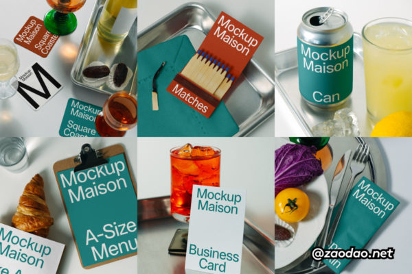7款国外小众杯垫火柴盒菜单餐巾纸名片易拉罐VI设计贴图PSD样机 Mockup.Maison – Gourmet Collection P2特色图 7款国外小众杯垫火柴盒菜单餐巾纸名片易拉罐VI设计贴图PSD样机 Mockup.Maison – Gourmet Collection P2