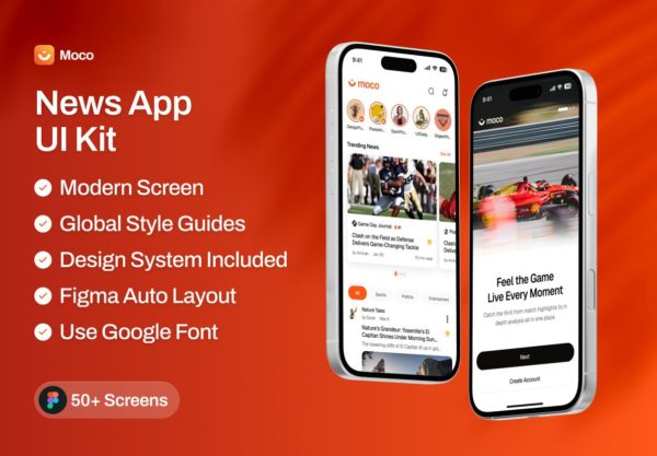 50+屏时尚专业新闻资讯头条社交媒体app应用ui界面设计figma模板 Moco – News App UI Kit特色图 50+屏时尚专业新闻资讯头条社交媒体app应用ui界面设计figma模板 Moco – News App UI Kit