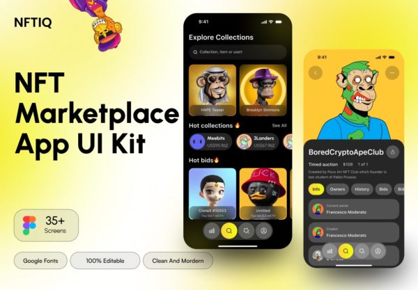35+屏创意NFT虚拟物品艺术品加密货币在线交易平台app ui界面设计figma模板 NFTIQ – NFT Marketplace App UI Kit特色图 35+屏创意NFT虚拟物品艺术品加密货币在线交易平台app ui界面设计figma模板 NFTIQ – NFT Marketplace App UI Kit
