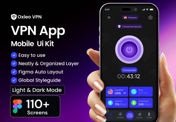 110+屏黑暗国外网络上网协议代理移动应用程序app ui界面设计figma模板套件 Oxleo VPN App UI Kit