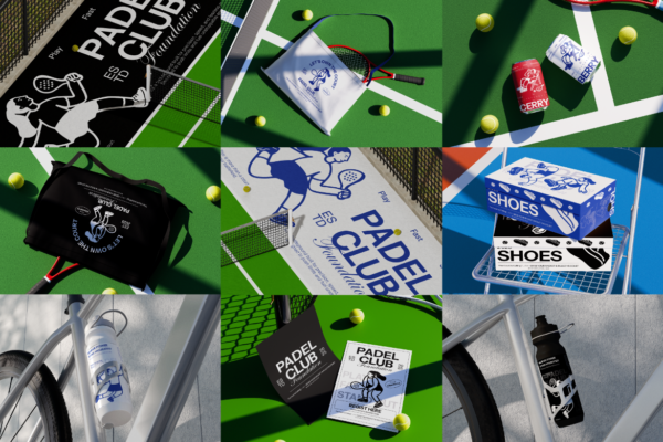 12款逼真网球运动VI设计帆布袋包装盒保温杯海报易拉罐展示PS贴图样机模板 Paddle Pickleball Sports Merchandise Mockup