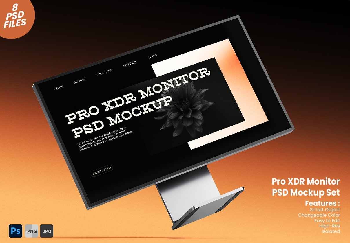 8款苹果Apple Pro XDR电脑显示器UI界面设计展示效果图PSD样机模板 Pro Display XDR Monitor Mockup Set