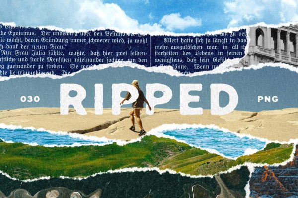 30款复古潮流手工纸片艺术拼贴手帐撕纸毛边粗糙肌理ps分层素材 RIPPED Paper Elements Collection