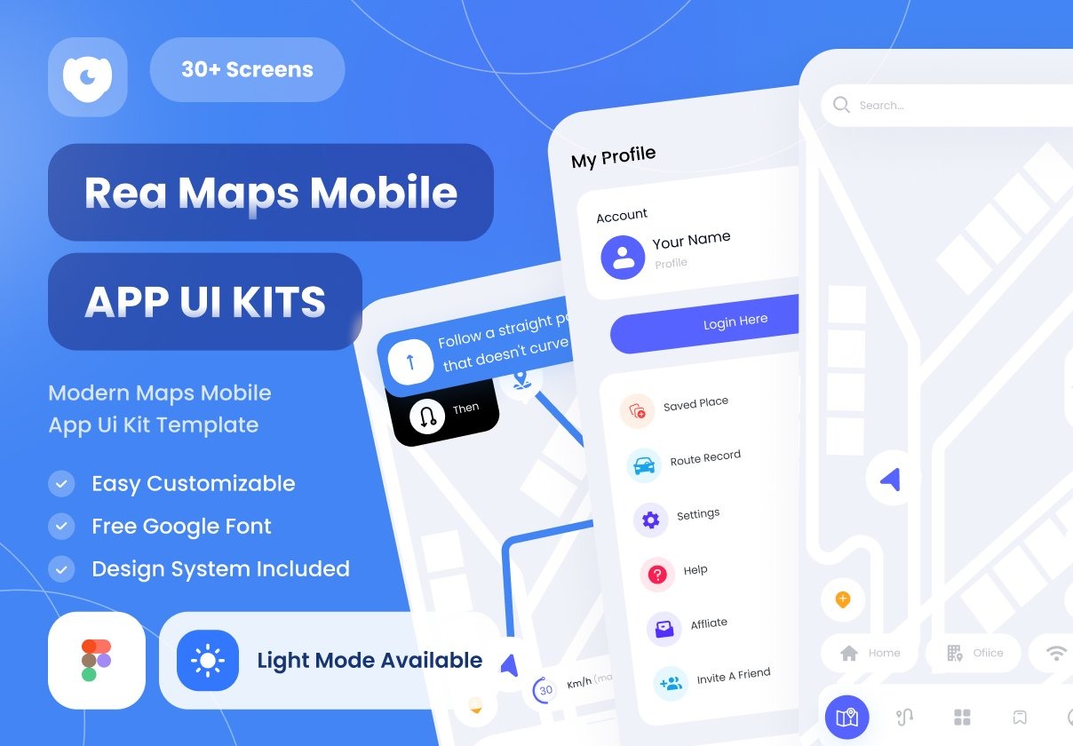 30+屏时尚智能地图定位位置导航app ui界面设计figma模板素材 Rea.maps - modern maps mobile apps