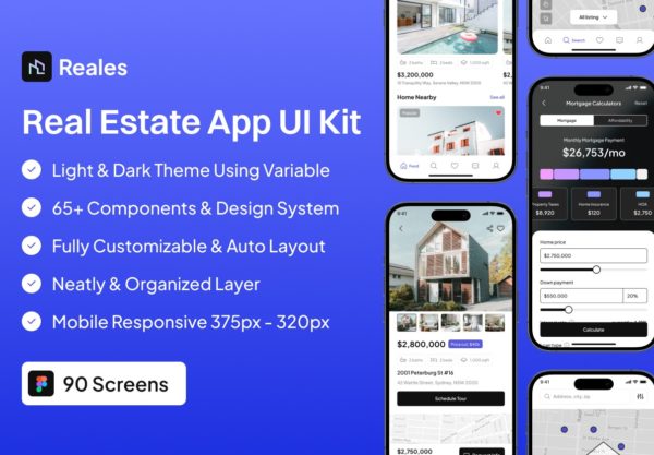 100+屏双配色旅行房屋酒店预订房地产卖房app ui界面设计figma模板套件 Reales – Real Estate App UI Kit特色图 100+屏双配色旅行房屋酒店预订房地产卖房app ui界面设计figma模板套件 Reales – Real Estate App UI Kit
