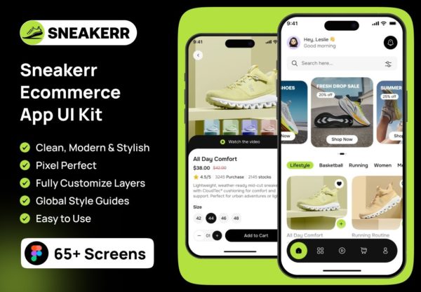 65+屏专业街头服饰运动鞋在线购买商城app用户界面ui设计figma模板套件 Sneakerr Ecommerce App UI Kit特色图 65+屏专业街头服饰运动鞋在线购买商城app用户界面ui设计figma模板套件 Sneakerr Ecommerce App UI Kit