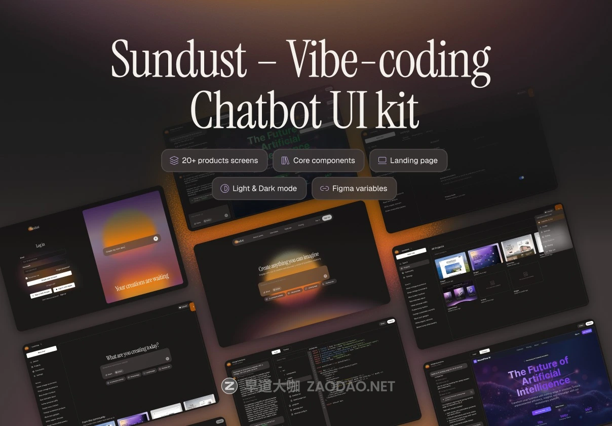 25+屏双配色AI智能聊天机器人模型编码生成器网站UI用户登录界面设计Figma模板套件 Sundust – Vibe-coding AI Chatbot UI Kit插图 25+屏双配色AI智能聊天机器人模型编码生成器网站UI用户登录界面设计Figma模板套件 Sundust – Vibe-coding AI Chatbot UI Kit插图