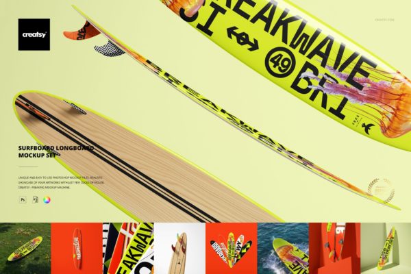 [首发预告] 19款极限运动沙滩海上冲浪板纹样设计ps贴图样机素材mockup模板 Creatsy – Surfboard Longboard Mockup Set