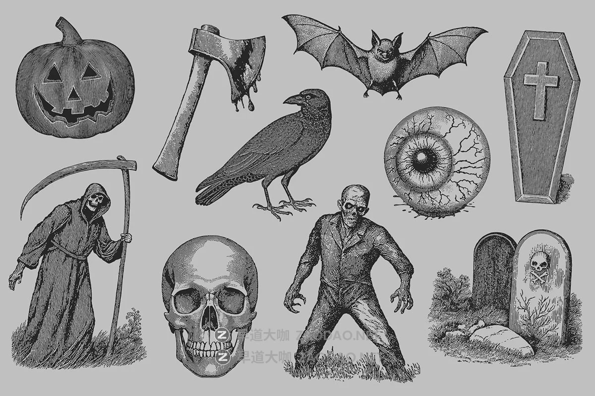 28款复古恐怖万圣节版画雕刻线描手绘插图艺术插画ai矢量设计素材 Vintage Halloween Illustrations插图1 28款复古恐怖万圣节版画雕刻线描手绘插图艺术插画ai矢量设计素材 Vintage Halloween Illustrations插图1