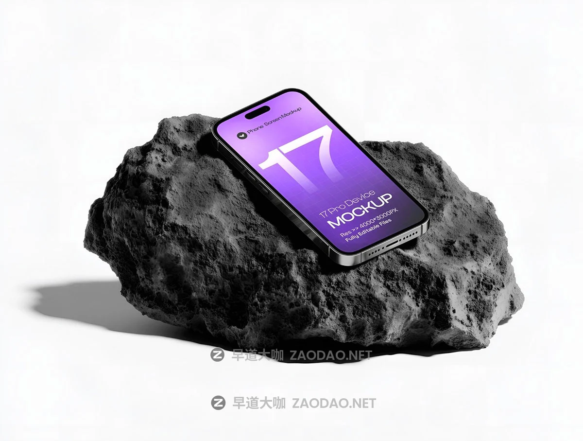 6款黑色岩石手机UI广告作品集设计苹果iPhone 17 Pro展示ps贴图样机模板 iPhone 17 Pro on Dark Rock Mockup Set – 06 Scene插图1 6款黑色岩石手机UI广告作品集设计苹果iPhone 17 Pro展示ps贴图样机模板 iPhone 17 Pro on Dark Rock Mockup Set – 06 Scene插图1