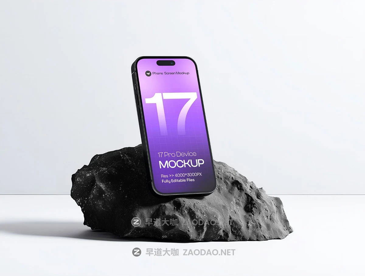 6款黑色岩石手机UI广告作品集设计苹果iPhone 17 Pro展示ps贴图样机模板 iPhone 17 Pro on Dark Rock Mockup Set – 06 Scene插图2 6款黑色岩石手机UI广告作品集设计苹果iPhone 17 Pro展示ps贴图样机模板 iPhone 17 Pro on Dark Rock Mockup Set – 06 Scene插图2
