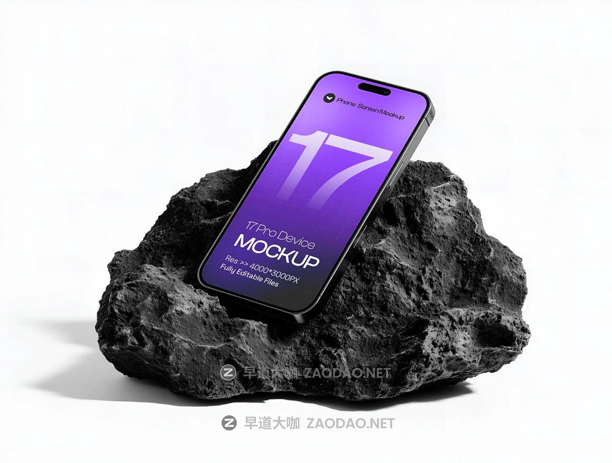6款黑色岩石手机UI广告作品集设计苹果iPhone 17 Pro展示ps贴图样机模板 iPhone 17 Pro on Dark Rock Mockup Set – 06 Scene插图3 6款黑色岩石手机UI广告作品集设计苹果iPhone 17 Pro展示ps贴图样机模板 iPhone 17 Pro on Dark Rock Mockup Set – 06 Scene插图3