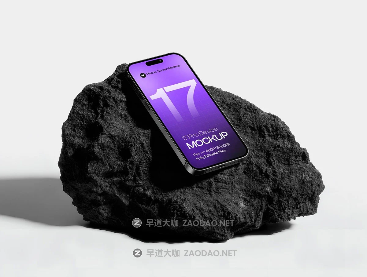 6款黑色岩石手机UI广告作品集设计苹果iPhone 17 Pro展示ps贴图样机模板 iPhone 17 Pro on Dark Rock Mockup Set – 06 Scene插图4 6款黑色岩石手机UI广告作品集设计苹果iPhone 17 Pro展示ps贴图样机模板 iPhone 17 Pro on Dark Rock Mockup Set – 06 Scene插图4