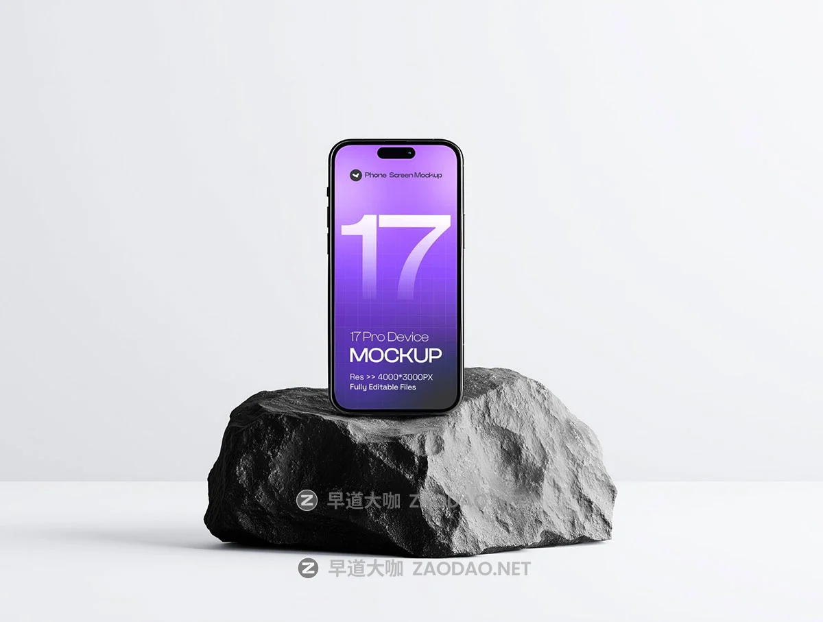 6款黑色岩石手机UI广告作品集设计苹果iPhone 17 Pro展示ps贴图样机模板 iPhone 17 Pro on Dark Rock Mockup Set – 06 Scene插图5 6款黑色岩石手机UI广告作品集设计苹果iPhone 17 Pro展示ps贴图样机模板 iPhone 17 Pro on Dark Rock Mockup Set – 06 Scene插图5