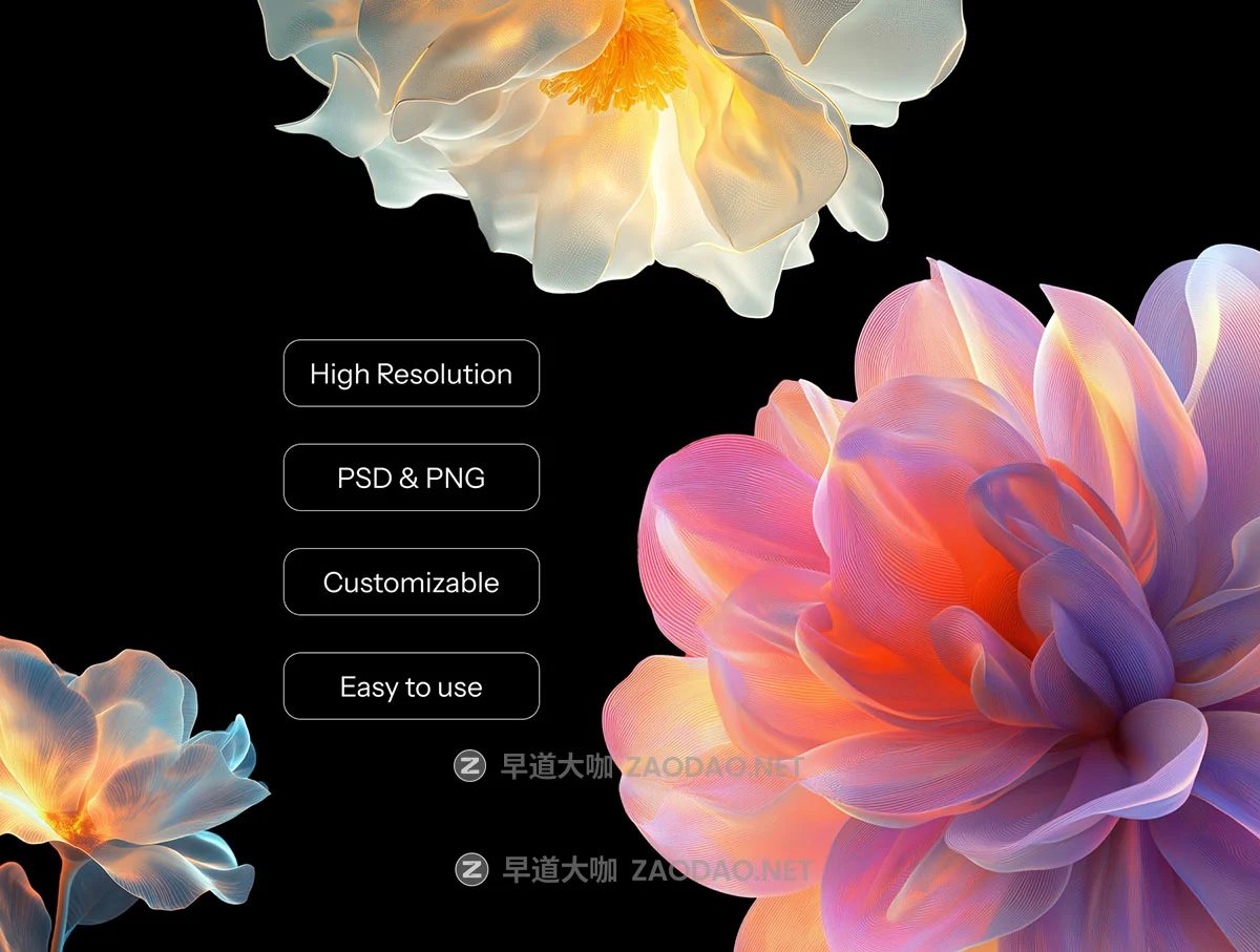 32款现代抽象风格AI生成多彩花卉花朵高清PNG免抠图设计素材 32 AI-Generated Abstract Flower Renders – PNG & PSD Pack (Customizable Colors)插图5 32款现代抽象风格AI生成多彩花卉花朵高清PNG免抠图设计素材 32 AI-Generated Abstract Flower Renders – PNG & PSD Pack (Customizable Colors)插图5