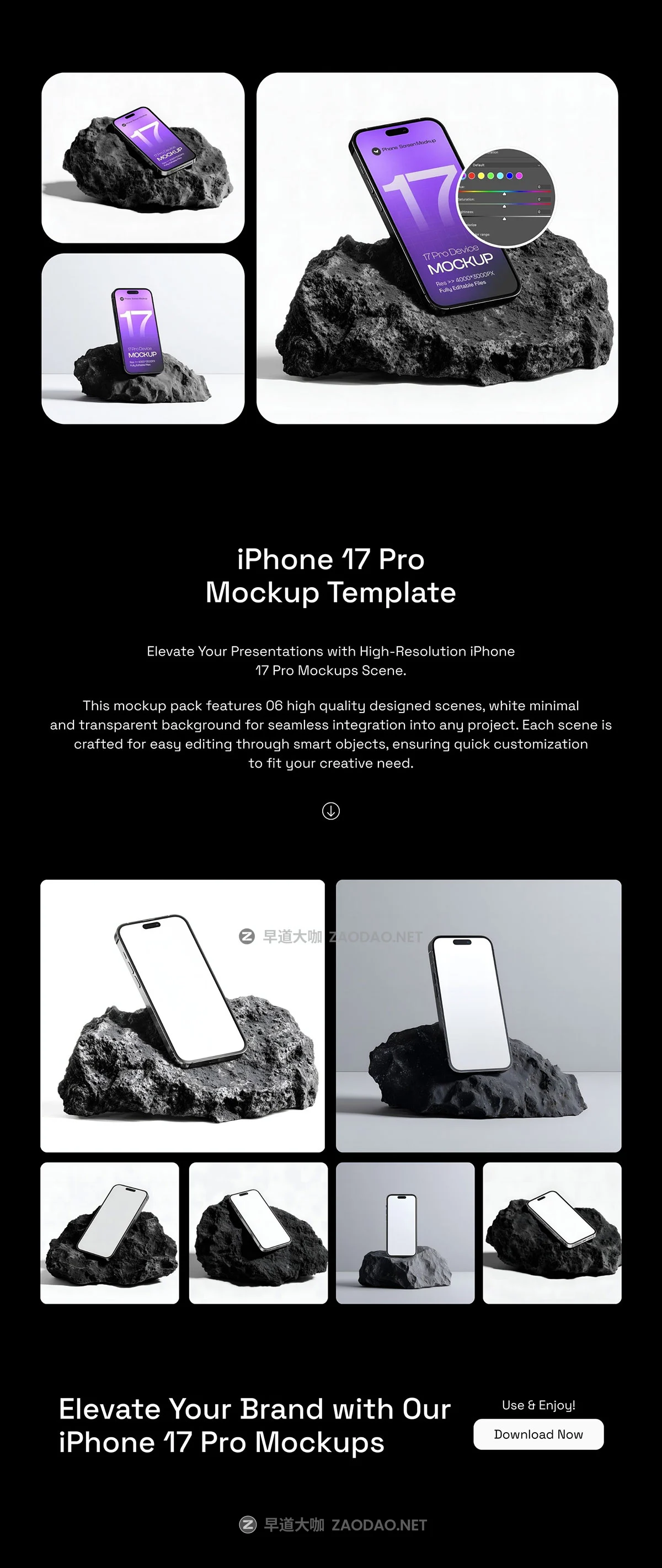 6款黑色岩石手机UI广告作品集设计苹果iPhone 17 Pro展示ps贴图样机模板 iPhone 17 Pro on Dark Rock Mockup Set – 06 Scene插图6 6款黑色岩石手机UI广告作品集设计苹果iPhone 17 Pro展示ps贴图样机模板 iPhone 17 Pro on Dark Rock Mockup Set – 06 Scene插图6