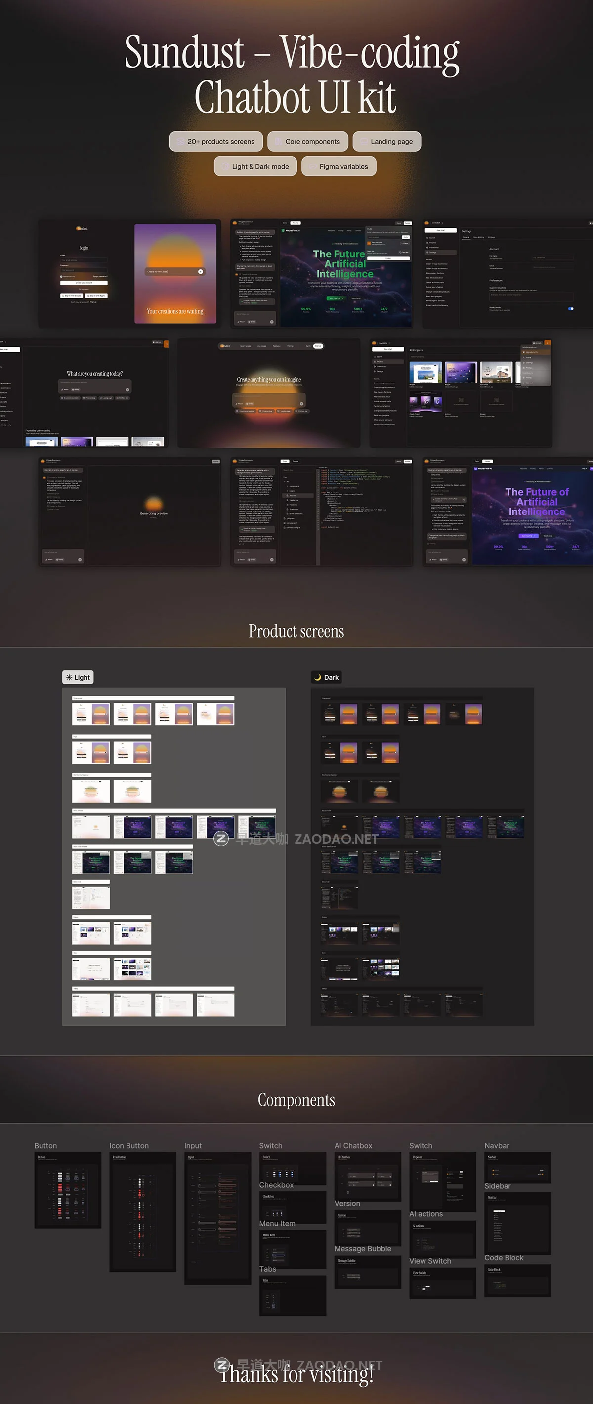 25+屏双配色AI智能聊天机器人模型编码生成器网站UI用户登录界面设计Figma模板套件 Sundust – Vibe-coding AI Chatbot UI Kit插图6 25+屏双配色AI智能聊天机器人模型编码生成器网站UI用户登录界面设计Figma模板套件 Sundust – Vibe-coding AI Chatbot UI Kit插图6