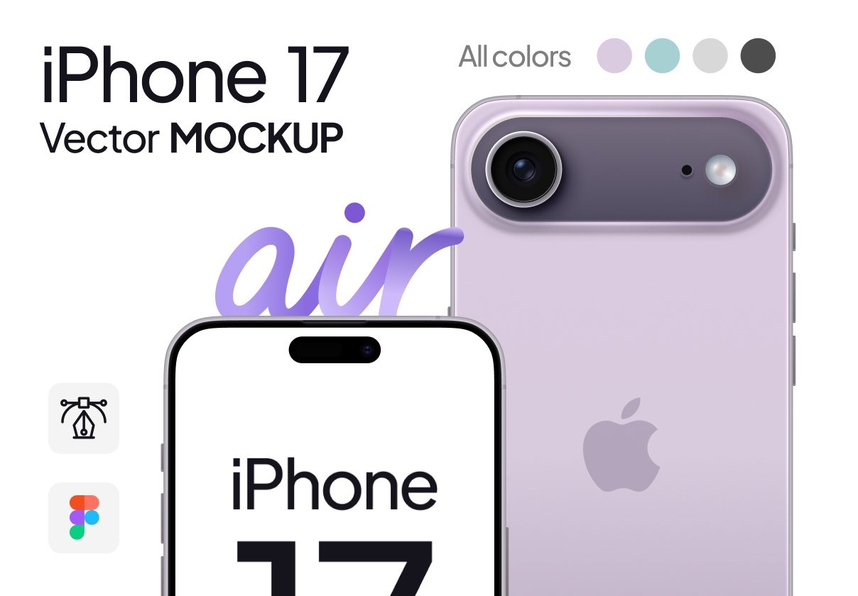 全新苹果iPhone 17 Air手机UI界面作品集设计展示样机Figma模板素材 iPhone 17 Air Mockup  Vector Figma