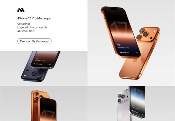 6款时尚APP应用UI界面设计苹果iPhone 17 Pro手机展示贴图PSD样机模板 iPhone 17 Pro 001 Mockups