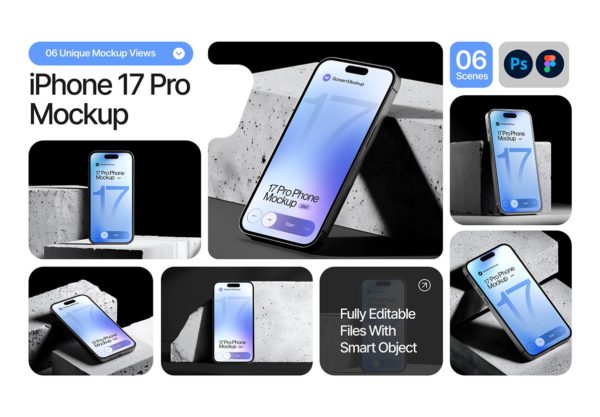 6款混凝土砖块背景苹果iPhone 17 Pro手机广告UI作品设计展示PSD样机模板 iPhone 17 Pro Mockup On Concrete Blocks – 06 Scene