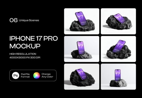 6款黑色岩石手机UI广告作品集设计苹果iPhone 17 Pro展示ps贴图样机模板 iPhone 17 Pro on Dark Rock Mockup Set – 06 Scene