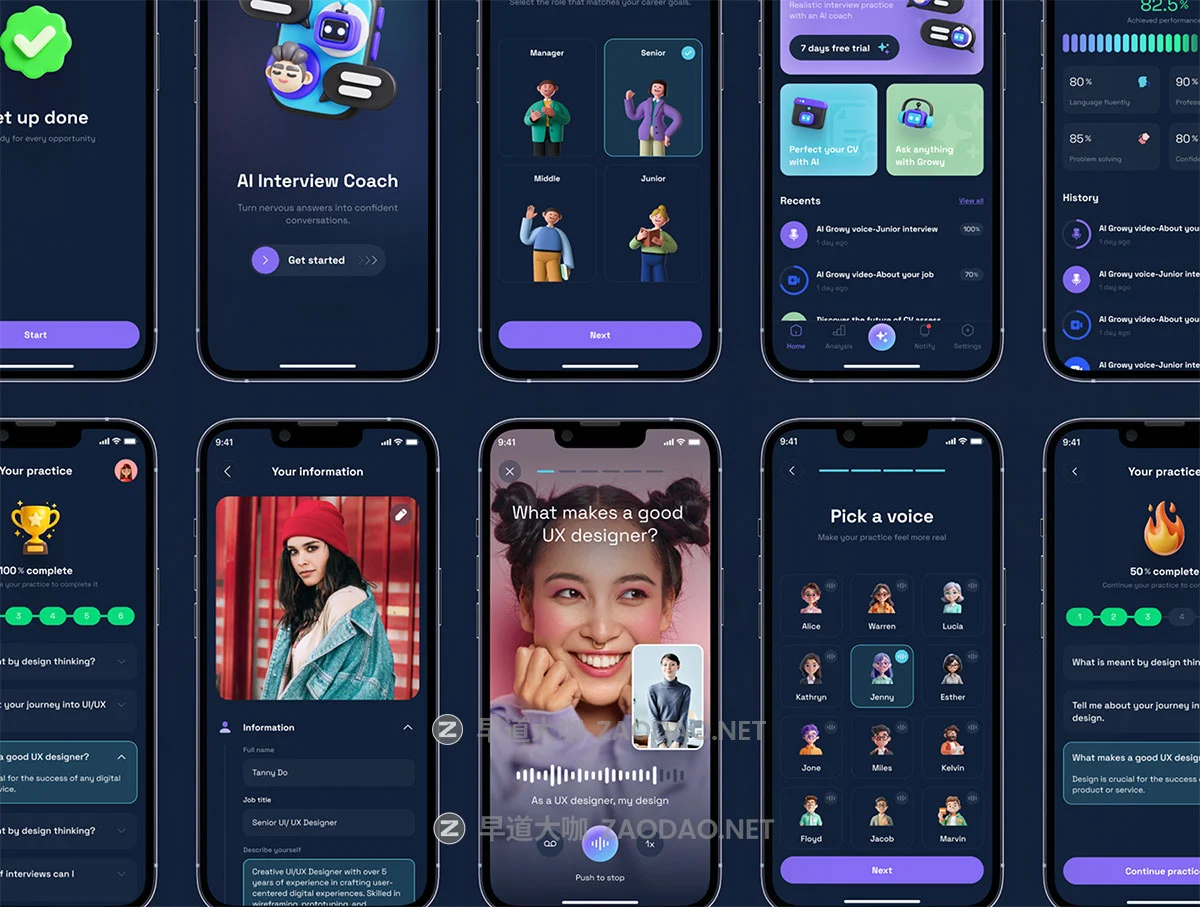 65+屏深色系AI人工智能应聘面试求职辅助工具app ui界面设计figma模板套件 Growy-AI Interview Coach UI Kits插图4 65+屏深色系AI人工智能应聘面试求职辅助工具app ui界面设计figma模板套件 Growy-AI Interview Coach UI Kits插图4