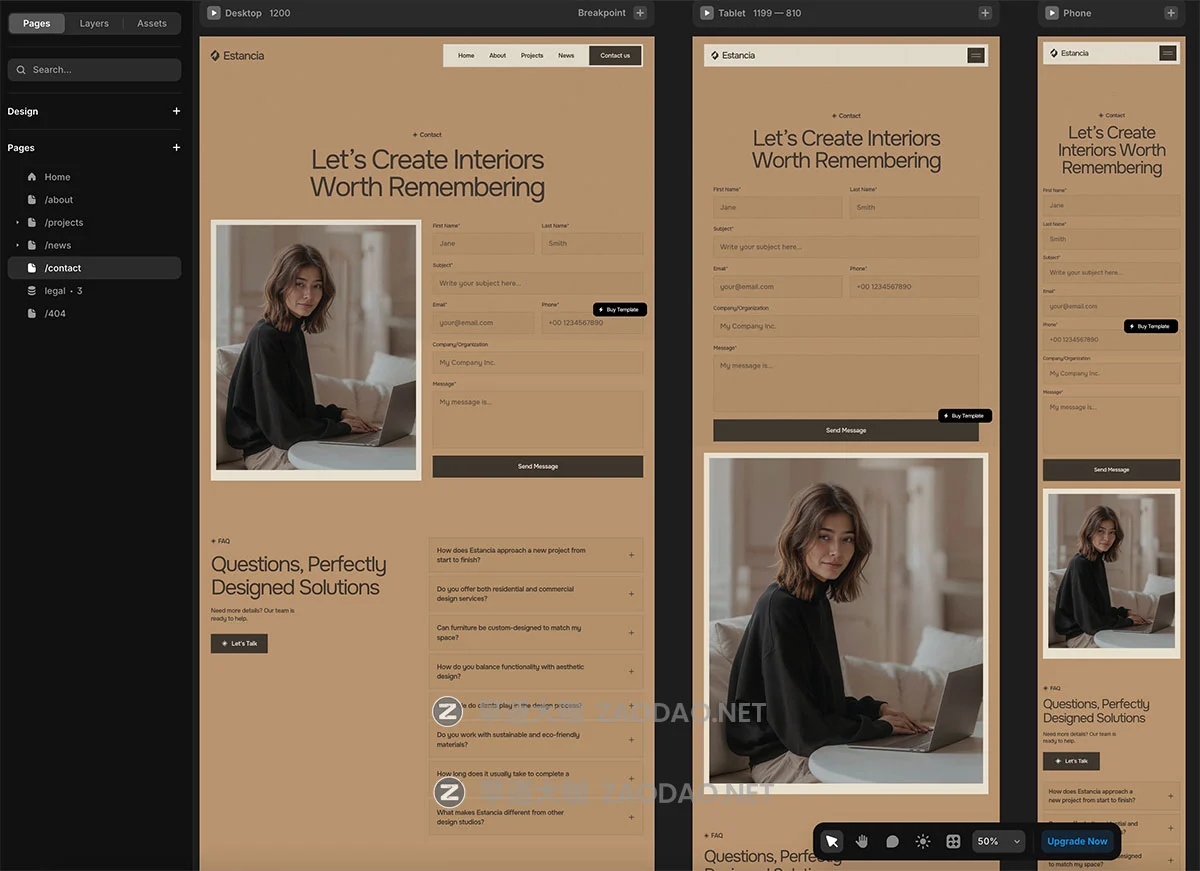 9页温暖棕色调奢华家具室内工作室建筑设计网站UI界面搭建Framer模板 Estancia — Furniture & Interior Design Agency插图7 9页温暖棕色调奢华家具室内工作室建筑设计网站UI界面搭建Framer模板 Estancia — Furniture & Interior Design Agency插图7