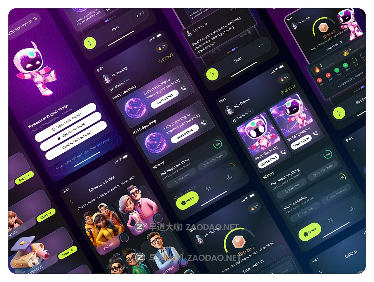 80+屏AI智能聊天英语学习口语教练移动应用程序app ui界面设计figma模板+3D插图 AI Language Learning & Speaking Coach UI Kit – CoachAI插图3 80+屏AI智能聊天英语学习口语教练移动应用程序app ui界面设计figma模板+3D插图 AI Language Learning & Speaking Coach UI Kit – CoachAI插图3