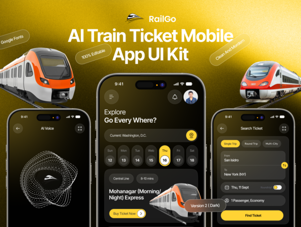 45+屏AI人工智能旅行火车大巴车票座位预定购买app移动应用程序ui界面设计figma模板 RailGo – AI Train Ticket Mobile App UI Kit V2 ( Dark )特色图 45+屏AI人工智能旅行火车大巴车票座位预定购买app移动应用程序ui界面设计figma模板 RailGo – AI Train Ticket Mobile App UI Kit V2 ( Dark )