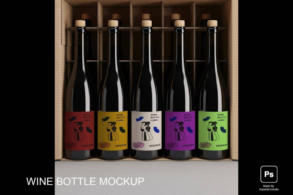 4款逼真葡萄酒红酒玻璃瓶贴纸设计展示ps贴图样机模板素材 Wine Bottle Mockup