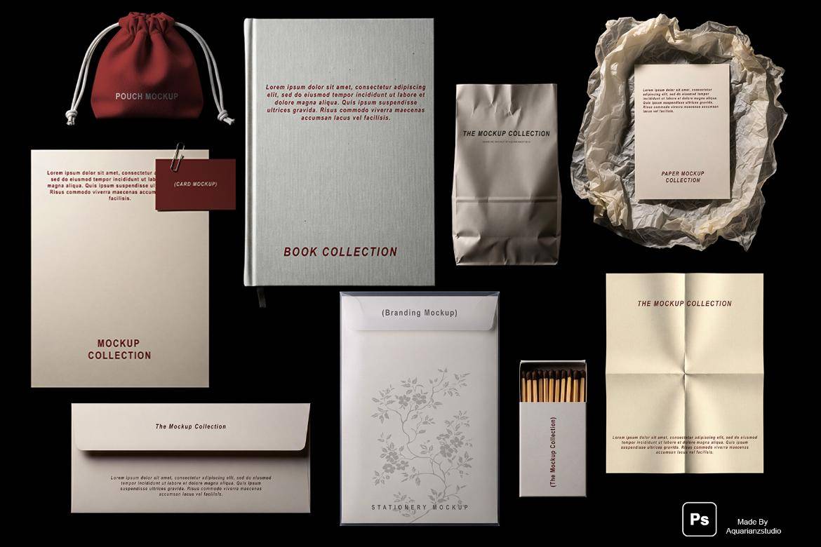 9款办公文具画册信纸信封名片卡片火柴盒vi设计展示效果图ps贴图样机 Stationary Branding Mockup 01特色图 9款办公文具画册信纸信封名片卡片火柴盒vi设计展示效果图ps贴图样机 Stationary Branding Mockup 01