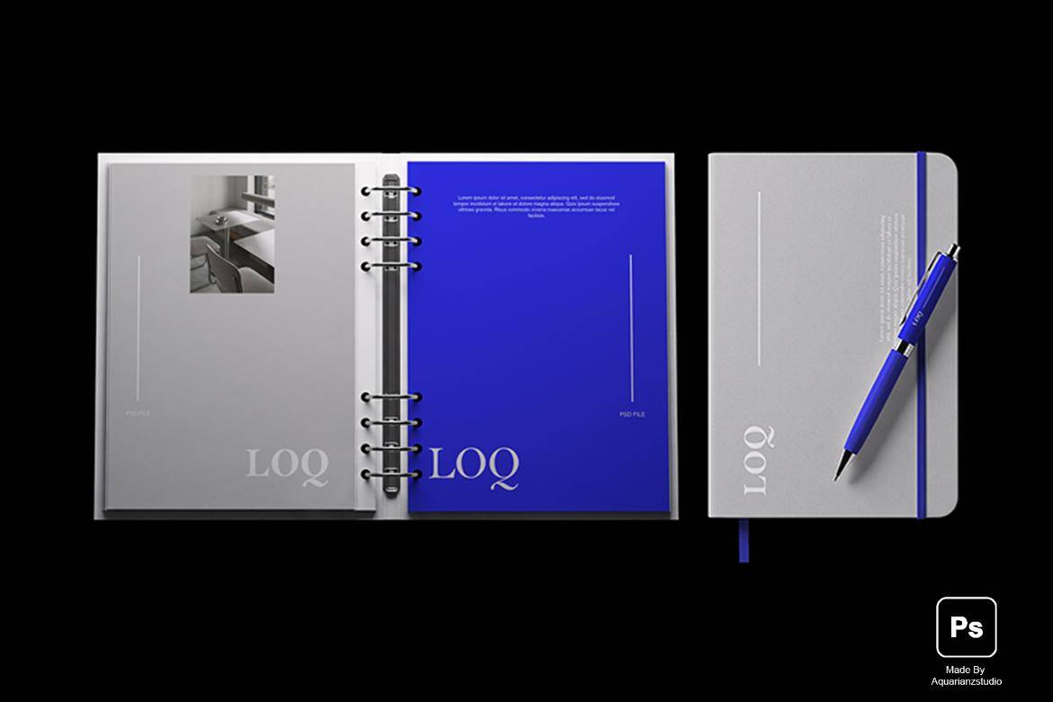 4款办公用品笔记本文件夹书籍设计vi展示效果图psd样机模板 LOQ Branding Mockup特色图 4款办公用品笔记本文件夹书籍设计vi展示效果图psd样机模板 LOQ Branding Mockup