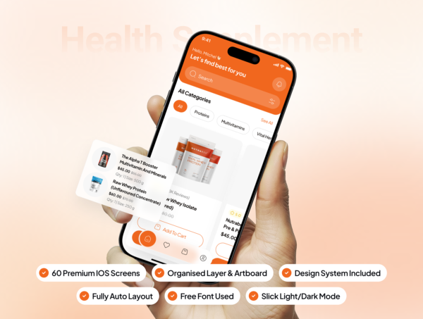 60屏药物健康保健品电子商场app应用程序ui界面设计figma模板套件 FitIQ – Health Supplement Ecommerce App UI Kit