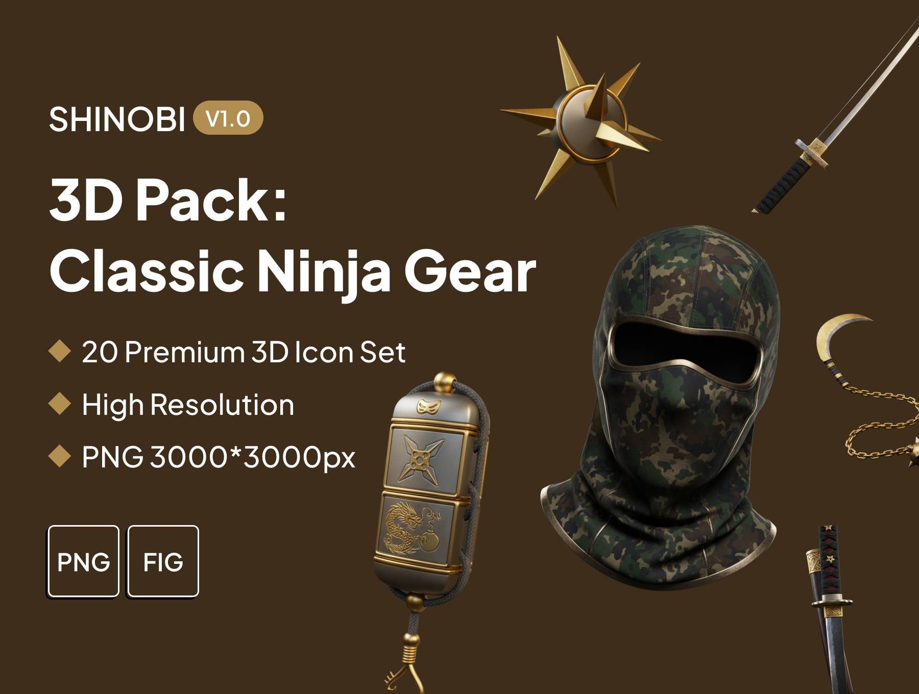 20款毛毡式忍者工具面罩武器飞镖刀剑3D立体图标icons设计figma/png免抠图素材 Shinobi 3D Pack: Classic Ninja Gear特色图 20款毛毡式忍者工具面罩武器飞镖刀剑3D立体图标icons设计figma/png免抠图素材 Shinobi 3D Pack: Classic Ninja Gear